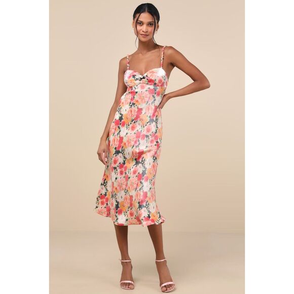 Lulus Sensational Spirit Peach Multi Floral Satin Tie-Back Midi Dress Size Small - Picture 1 of 13